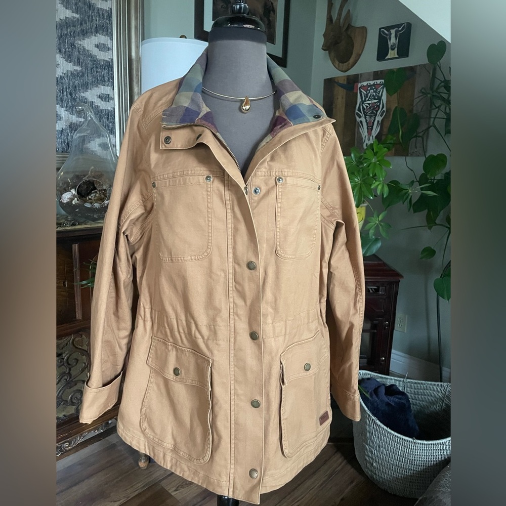 L.L. Bean Tan Utility Jacket with Plaid Collar